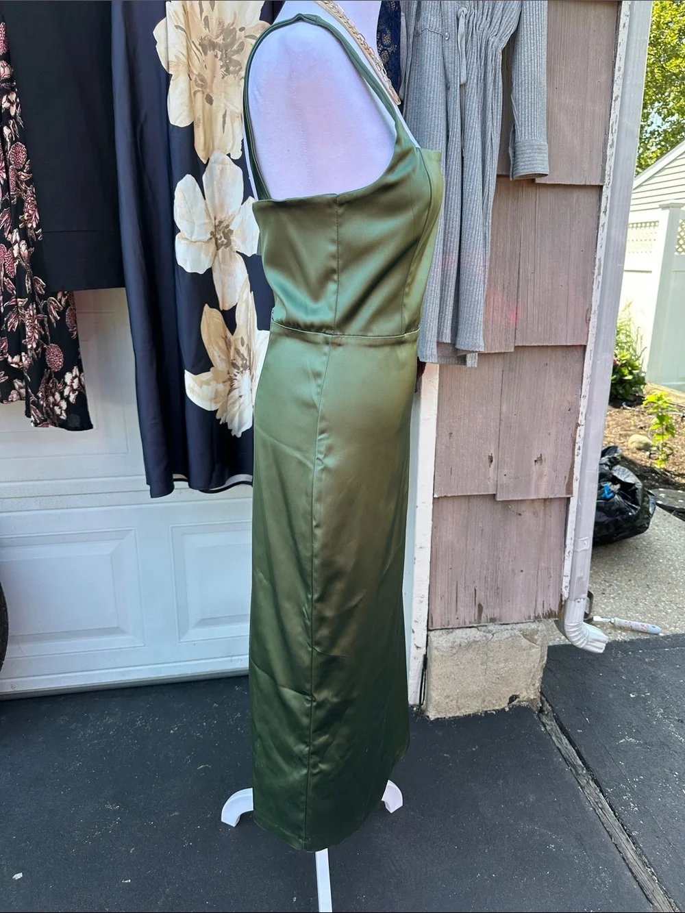 Abercrombie & Fitch Olive Green Satin Square-Neck Midi Dress